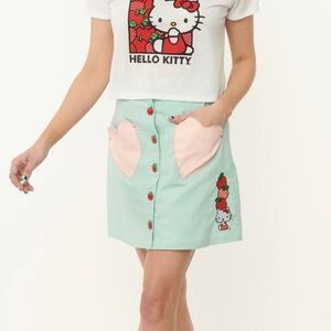 𝅺HELLO Kitty x Unique Vintage Apple A Day Mini Skirt Mint Button Up Size M NWT
